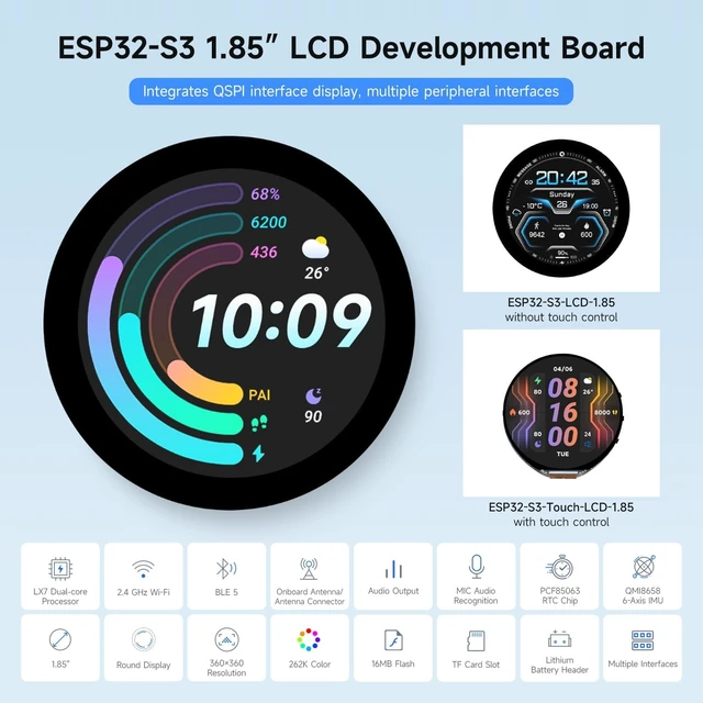 Alt view image 3 of 7 - Waveshare ESP32-S3 1.85inch Round Display Development Board 360×360, 32-Bit LX7 Dual-Core Processor, Up to 240MHz Frequency, Supports Wi-Fi & BLE 5, Accelerometer and Gyroscope Sensor, Without Touch
