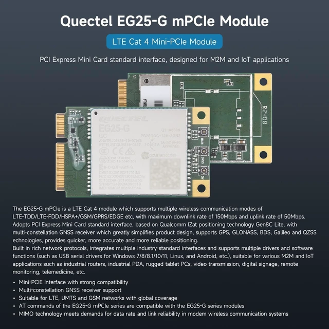 Alt view image 3 of 5 - Waveshare Quectel EG25-G mPCIe Module, LTE Cat 4 Module with PCI Express Mini Card Form Factor, Supports Multiple Wireless Communication Modes, Integrates Multiple Industrial Standard Interfaces