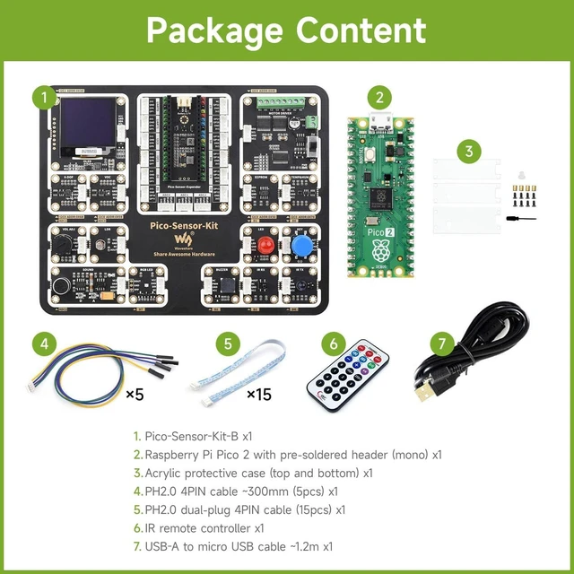 Alt view image 2 of 7 - Waveshare Sensor Kit, Compatible with Raspberry Pi Pico 2 Microcontroller Board, Based On Official RP2350 Chip, Dual-Core & Dual-Architecture Design, 7 Items