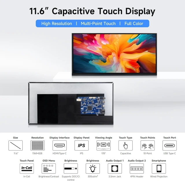 Alt view image 3 of 7 - Waveshare 11.6inch Capacitive Touch Display, in-Cell Technology, 1768×828, Compatible with Raspberry Pi 5/4B/3B/Zero/Zero W/Zero 2W/Pico/Pico, Supports Windows/Jetson Nano/TX2/Xavier NX/Orin