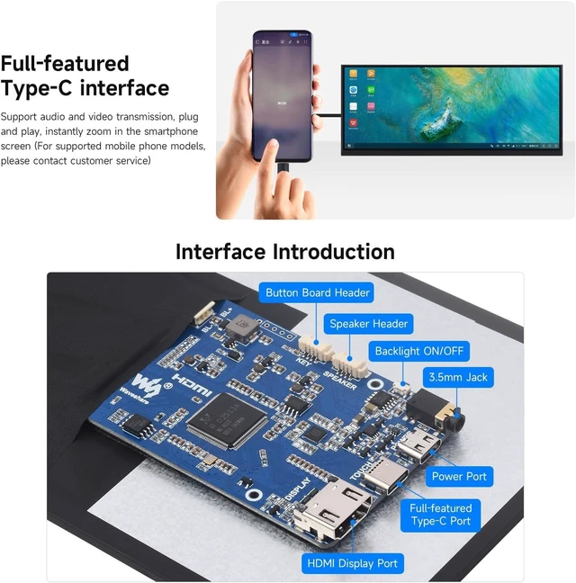 Alt view image 2 of 6 - waveshare 12.3inch Capacitive Touch Display, in-Cell Technology, 1920x720, Compatible with Raspberry Pi 5/4B/3B/Zero/Zero W/Zero 2W/Pico/Pico, Supports Windows/Jetson Nano/TX2/Xavier NX/Orin