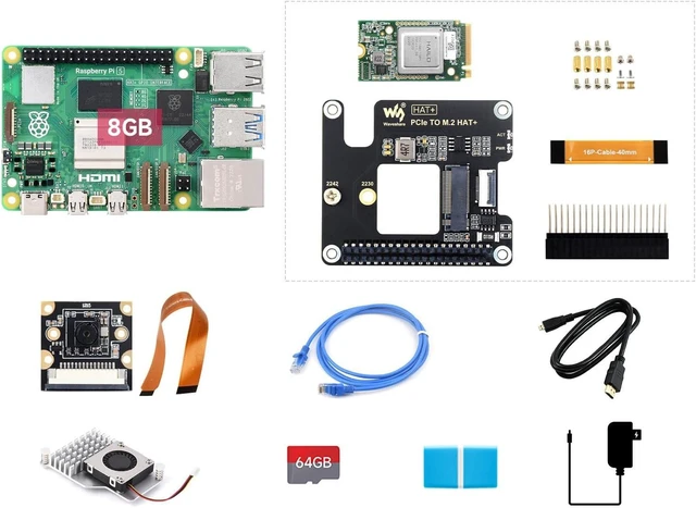 Main image of Waveshare PI5-8GB AI Kit, Compatible with Raspberry Pi 5, Bundle with PI5-8GB, Hailo-8 Acce A, 64GB TF Card, Cooler, Cable and so on (9 Items)