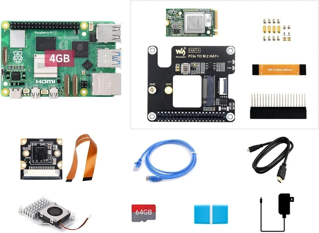 Main image of Waveshare PI5-4GB AI Kit, Compatible with Raspberry Pi 5, Bundle with PI5-4GB, Hailo-8 Acce A, 64GB TF Card, Cooler, Cable and so on (9 Items)