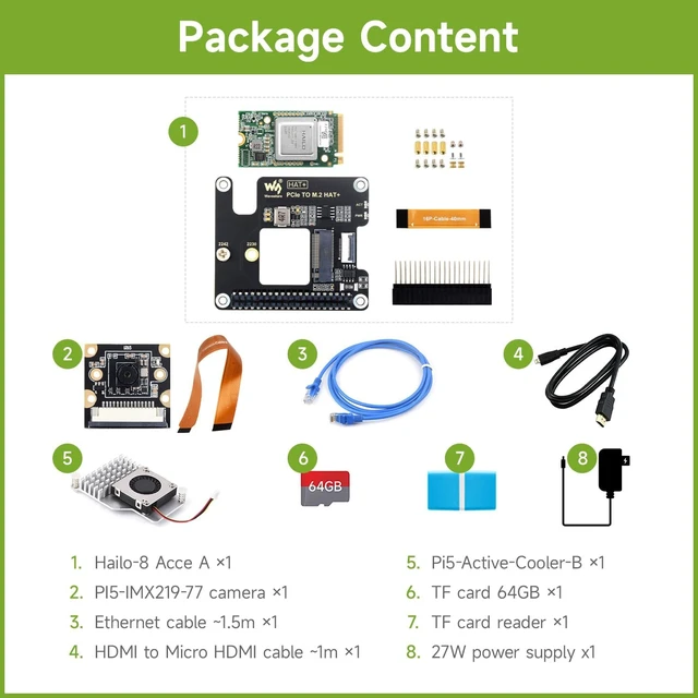 Alt view image 2 of 7 - Waveshare PI5 AI Accessories, Compatible with Raspberry Pi 5, Bundle with Hailo-8 Acce A, PI5-IMX219-77 Camera, 64GB TF Card, Cooler, Cable and so on (8 Items)