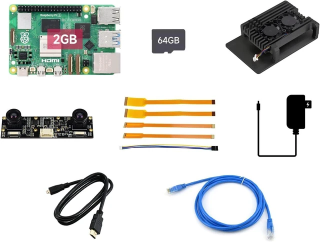Main image of Waveshare Dual Camera Kit, Compatible with Raspberry Pi 5, Bundle with Raspberry Pi 5 2GB, IMX219-83 Stereo Camera, TF Card 64GB, Power Supply and so on (10 Items)