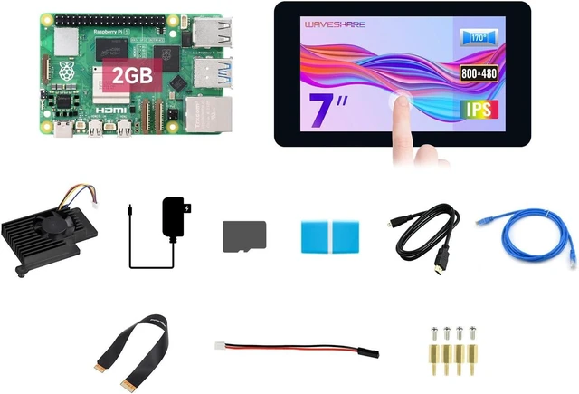 Main image of Waveshare Display Kit, Compatible with Raspberry Pi 5, Bundle with Raspberry Pi 5 2GB, 7inch LCD, Cooler, 64GB TF Card, Cable and so on (11 Items)
