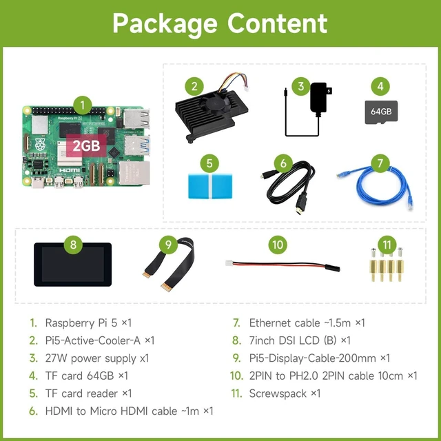 Alt view image 2 of 7 - Waveshare Display Kit, Compatible with Raspberry Pi 5, Bundle with Raspberry Pi 5 2GB, 7inch LCD, Cooler, 64GB TF Card, Cable and so on (11 Items)