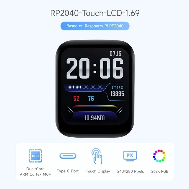 Alt view image 3 of 7 - Waveshare RP2040 Microcontroller Development Board 1.69inch Touch LCD, Based on Raspberry Pi RP2040, Rounded Corners, Dual-core Arm Processor, 16MB Flash, Accelerometer and Gyroscope Sensor