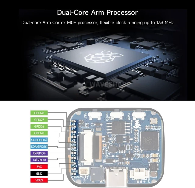 Alt view image 5 of 7 - Waveshare RP2040 Microcontroller Development Board 1.69inch Touch LCD, Based on Raspberry Pi RP2040, Rounded Corners, Dual-core Arm Processor, 16MB Flash, Accelerometer and Gyroscope Sensor
