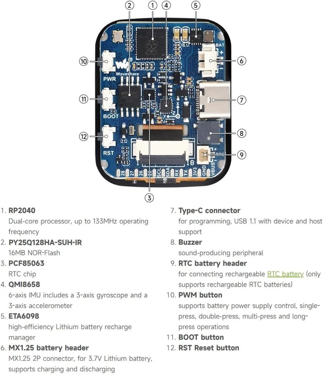 Alt view image 7 of 7 - Waveshare RP2040 Microcontroller Development Board 1.69inch Touch LCD, Based on Raspberry Pi RP2040, Rounded Corners, Dual-core Arm Processor, 16MB Flash, Accelerometer and Gyroscope Sensor