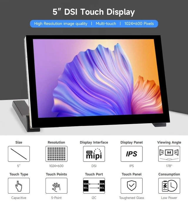 Alt view image 3 of 7 - waveshare 5inch Capacitive Touch Display, compatilbe with Raspberry Pi 5/4B/3B/CM4/3, DSI Interface, IPS Panel, 1024x600 Pixels, Toughened Glass Panel, No Driver Required