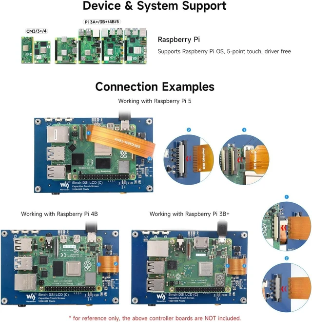 Alt view image 4 of 7 - waveshare 5inch Capacitive Touch Display, compatilbe with Raspberry Pi 5/4B/3B/CM4/3, DSI Interface, IPS Panel, 1024x600 Pixels, Toughened Glass Panel, No Driver Required