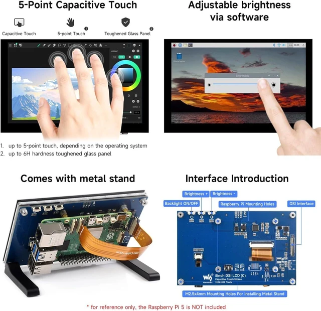Alt view image 6 of 7 - waveshare 5inch Capacitive Touch Display, compatilbe with Raspberry Pi 5/4B/3B/CM4/3, DSI Interface, IPS Panel, 1024x600 Pixels, Toughened Glass Panel, No Driver Required