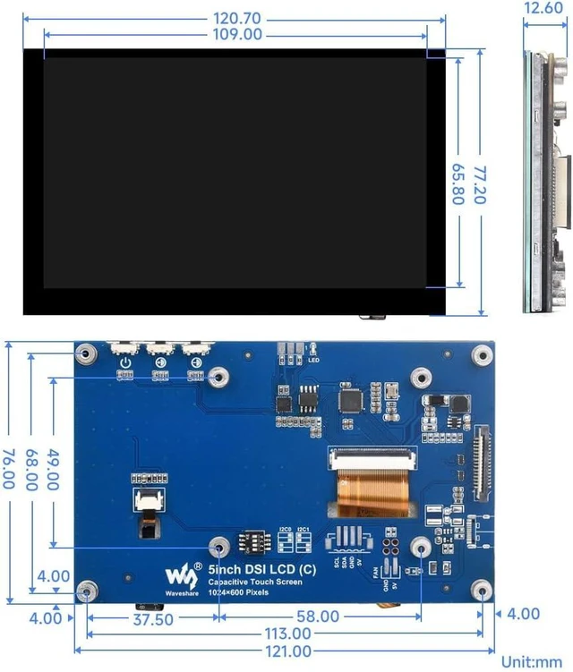 Alt view image 7 of 7 - waveshare 5inch Capacitive Touch Display, compatilbe with Raspberry Pi 5/4B/3B/CM4/3, DSI Interface, IPS Panel, 1024x600 Pixels, Toughened Glass Panel, No Driver Required