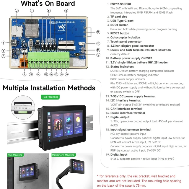 Alt view image 7 of 7 - Waveshare ESP32-S3 4.3inch Capacitive Touch Display Development Board B, 800×480 Resolution, 5-Point Touch, 32-Bit LX7 Dual-Core Processor, 240MHz Frequency, with Onboard Antenna and Plastic Case