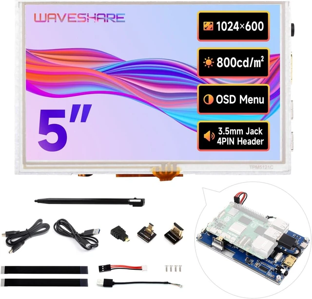 Main image of waveshare 5inch High-Brightness Touch Screen, Compatible with Raspberry Pi 5/4B/3B/Zero/Zero W/Zero 2W/Pico/Pico W/Pico WH, Supports Windows 11/10/8.1/8/7 & Jetson Nano, Narrow-Bezel Resistive Touch