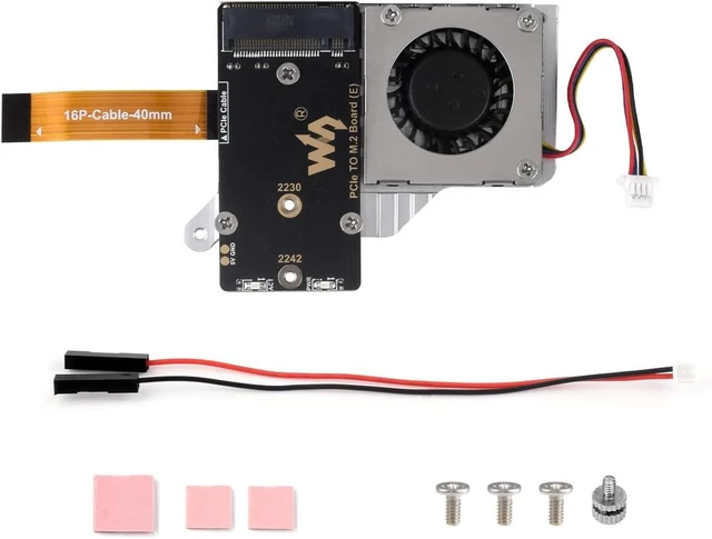 Main image of Waveshare PCIe to M.2 Adapter Board (E), Compatible with Raspberry Pi 5, with Cooling Fan, Support 2242/2230 Size NVMe Protocol M.2 S S D, 8Gbps Data Rate, High-Speed Reading/Writing