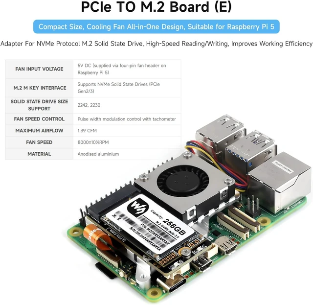 Alt view image 3 of 7 - Waveshare PCIe to M.2 Adapter Board (E), Compatible with Raspberry Pi 5, with Cooling Fan, Support 2242/2230 Size NVMe Protocol M.2 S S D, 8Gbps Data Rate, High-Speed Reading/Writing