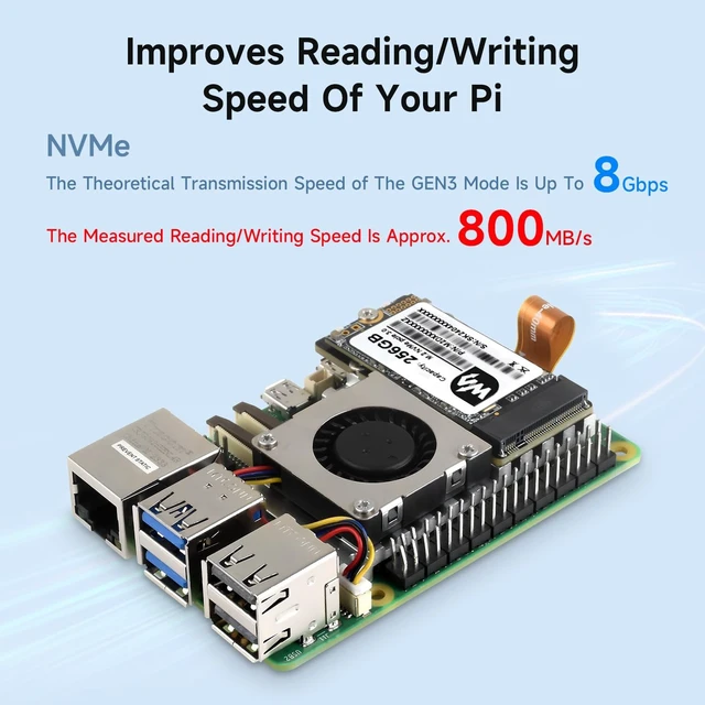 Alt view image 4 of 7 - Waveshare PCIe to M.2 Adapter Board (E), Compatible with Raspberry Pi 5, with Cooling Fan, Support 2242/2230 Size NVMe Protocol M.2 S S D, 8Gbps Data Rate, High-Speed Reading/Writing