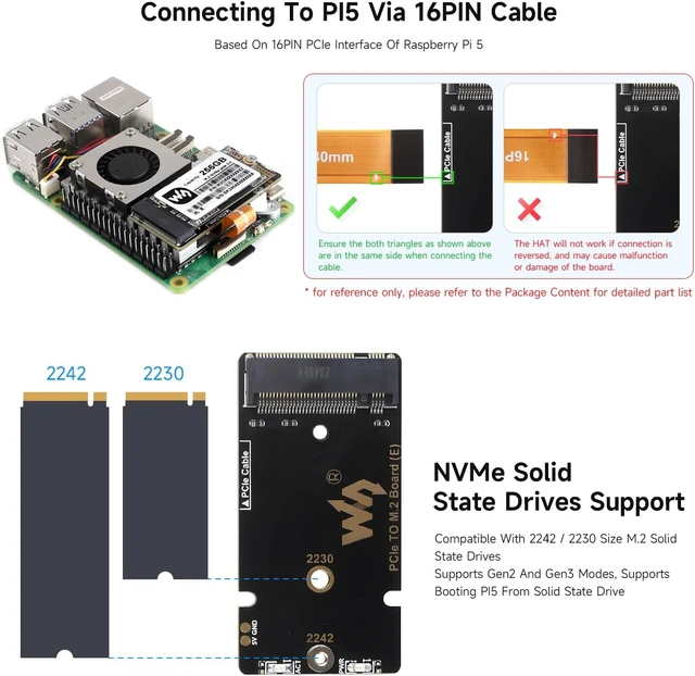 Alt view image 6 of 7 - Waveshare PCIe to M.2 Adapter Board (E), Compatible with Raspberry Pi 5, with Cooling Fan, Support 2242/2230 Size NVMe Protocol M.2 S S D, 8Gbps Data Rate, High-Speed Reading/Writing
