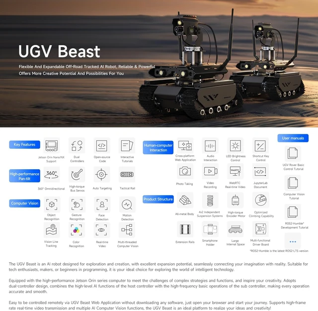 Alt view image 3 of 7 - Waveshare UGV Beast Open-Source Off-Road Tracked AI Robot for Jetson Orin Series Board, Dual Controllers, with Driver Boards and 360° Omnidirectional Pan-Tilt, No Include Jetson Orin Nano 4GB Kit