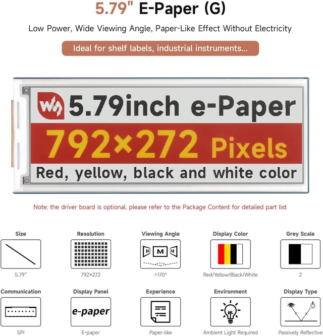 Alt view image 3 of 7 - Waveshare 5.79inch E-Paper Raw Display, Without Driver BOAD, 792x272, Red/Yellow/Black/White