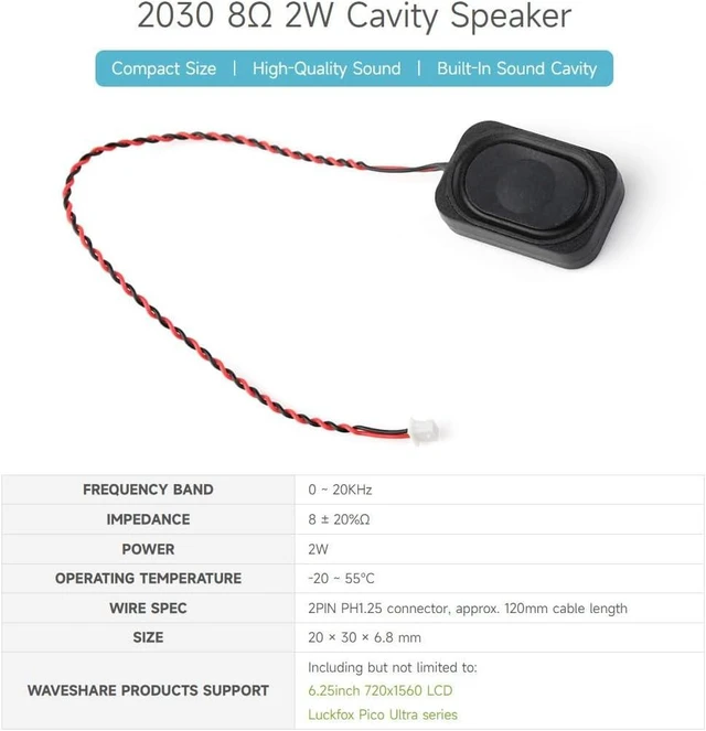 Alt view image 3 of 6 - waveshare 2030 Cavity Speaker Type B, 8 2W, Sound, Compact Size, 2PIN PH1.25 Connector