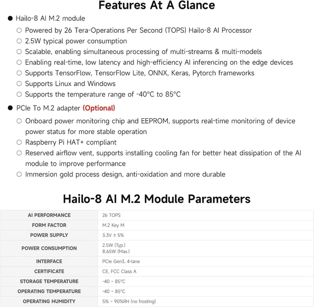 Alt view image 4 of 7 - Waveshare Hailo-8 M.2 AI Accelerator Module, Compatible with Raspberry Pi 5, Supports Linux/Windows Systems, Based On The 26TOPS Hailo-8 AI Processor, Comes with PCIe to M.2 Adapter Board