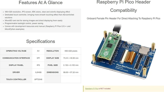 Alt view image 4 of 7 - Waveshare 3.5inch Touch Display Module, Compatible with Raspberry Pi Pico/Pico W/Pico WH, Resistive Touch Controller XPT2046, ILI9488 Driver, Using SPI Bus, 65K Colors, 480×320 Pixels, SPI Interface
