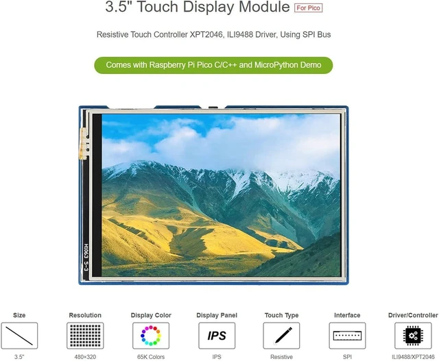 Alt view image 3 of 7 - Waveshare 3.5inch Touch Display Module, Compatible with Raspberry Pi Pico/Pico W/Pico WH, Resistive Touch Controller XPT2046, ILI9488 Driver, Using SPI Bus, 65K Colors, 480×320 Pixels, SPI Interface