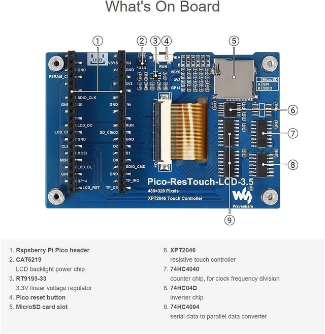 Alt view image 5 of 7 - Waveshare 3.5inch Touch Display Module, Compatible with Raspberry Pi Pico/Pico W/Pico WH, Resistive Touch Controller XPT2046, ILI9488 Driver, Using SPI Bus, 65K Colors, 480×320 Pixels, SPI Interface
