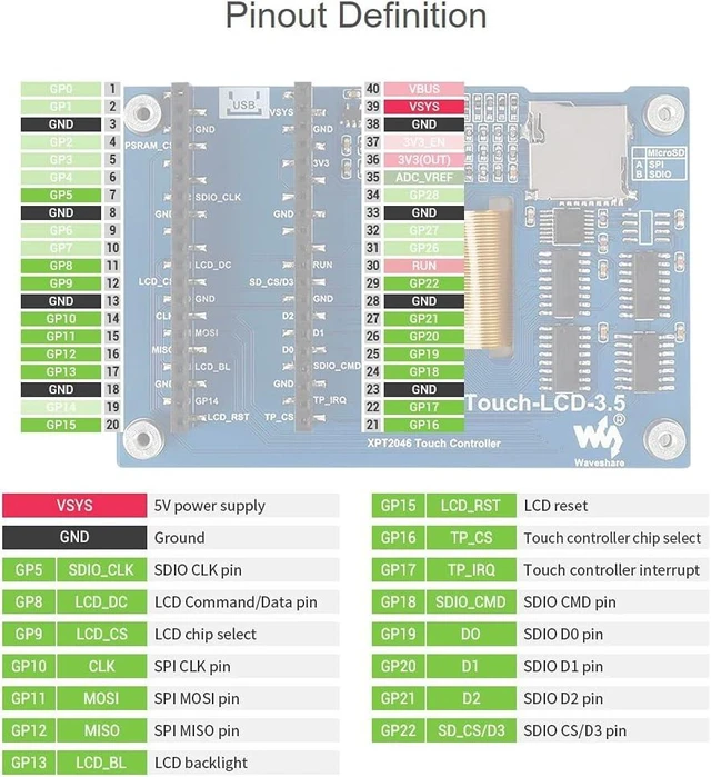 Alt view image 6 of 7 - Waveshare 3.5inch Touch Display Module, Compatible with Raspberry Pi Pico/Pico W/Pico WH, Resistive Touch Controller XPT2046, ILI9488 Driver, Using SPI Bus, 65K Colors, 480×320 Pixels, SPI Interface