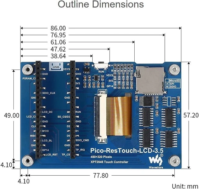 Alt view image 7 of 7 - Waveshare 3.5inch Touch Display Module, Compatible with Raspberry Pi Pico/Pico W/Pico WH, Resistive Touch Controller XPT2046, ILI9488 Driver, Using SPI Bus, 65K Colors, 480×320 Pixels, SPI Interface