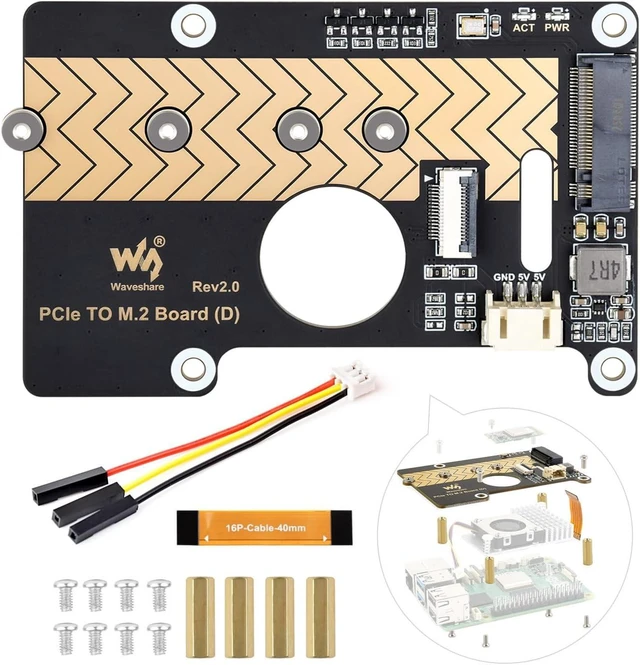Main image of Waveshare PCIe to M.2 Adapter Board (D), Compatible with Raspberry Pi 5, Supports NVMe Protocol M.2 Solid State Drive, High-Speed Reading/Writing
