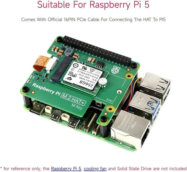 Alt view image 4 of 7 - Waveshare PCIe to M.2 HAT Package A, Compatible with Raspberry Pi 5, High-Speed Reading/Writing, HAT + Standard, Supports NVMe Protocol M.2 Solid State Drive, Comes with a Pi5 Cooler