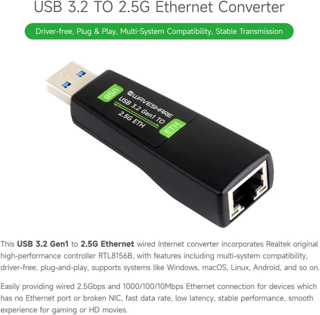 Alt view image 3 of 7 - Waveshare USB to 2.5G Ethernet Port Converter, High-Speed Networking, No Driver Required 2.5G USB Ethernet Adapter, Compatible with Raspberry Pi 5/Jetson Nano/PC and Windows/MacOS/Linux/Android System