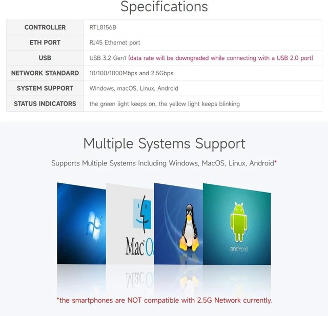 Alt view image 4 of 7 - Waveshare USB to 2.5G Ethernet Port Converter, High-Speed Networking, No Driver Required 2.5G USB Ethernet Adapter, Compatible with Raspberry Pi 5/Jetson Nano/PC and Windows/MacOS/Linux/Android System