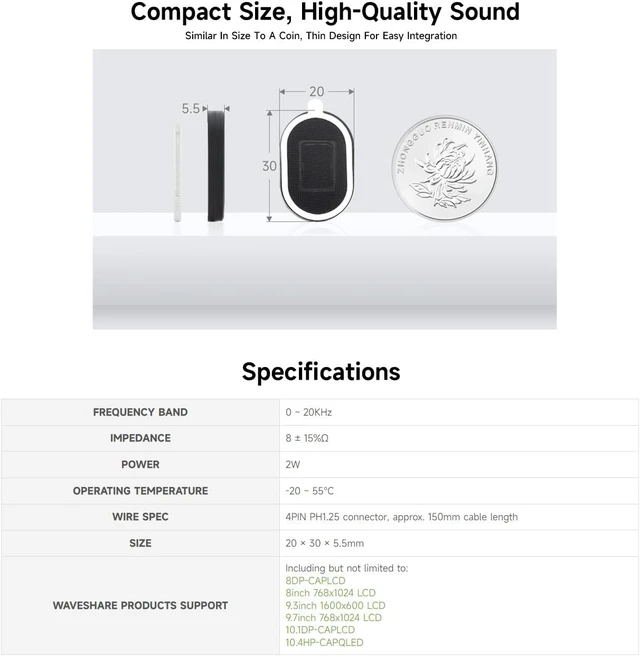 Alt view image 4 of 6 - waveshare 2030 Cavity Speaker, 8 2W, Sound, Compact Size, 4PIN PH1.25 Connector