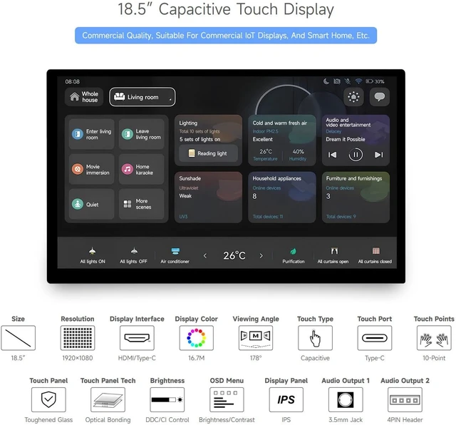 Alt view image 3 of 7 - waveshare 18.5inch Capacitive Touch Display, Compatible with Raspberry Pi 5/4b/3b/Zero/Zero W/Zero 2W/Pico/Pico W/Pico WH, 1920×1080 Full HD, Brightness Adjustable, Supports Windows