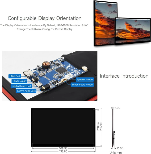 Alt view image 6 of 7 - waveshare 18.5inch Capacitive Touch Display, Compatible with Raspberry Pi 5/4b/3b/Zero/Zero W/Zero 2W/Pico/Pico W/Pico WH, 1920×1080 Full HD, Brightness Adjustable, Supports Windows