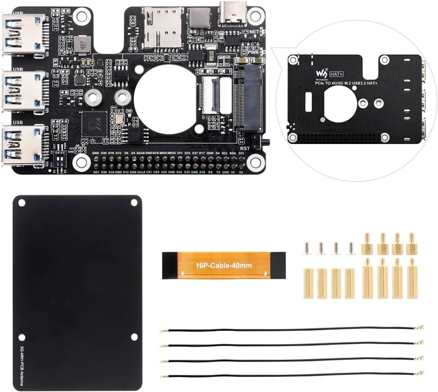 Main image of Waveshare PCIe to M.2 4G/5G and USB 3.2 HAT, Compatible with Raspberry Pi 5 Cellular Modem and SIMCom/Quectel 4G/5G LTE Modules, Comes with 5G-4IN1-PCB Antenna, High-Speed Networking