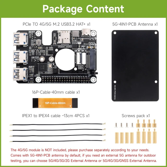Alt view image 2 of 7 - Waveshare PCIe to M.2 4G/5G and USB 3.2 HAT, Compatible with Raspberry Pi 5 Cellular Modem and SIMCom/Quectel 4G/5G LTE Modules, Comes with 5G-4IN1-PCB Antenna, High-Speed Networking