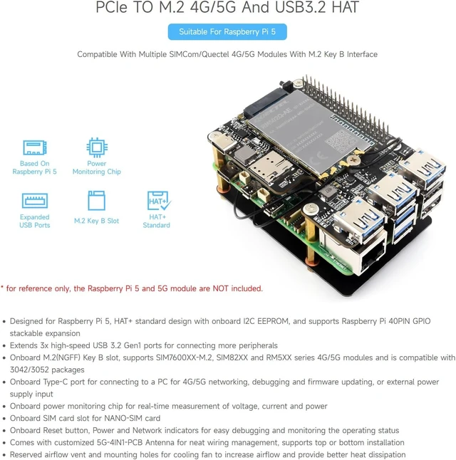 Alt view image 3 of 7 - Waveshare PCIe to M.2 4G/5G and USB 3.2 HAT, Compatible with Raspberry Pi 5 Cellular Modem and SIMCom/Quectel 4G/5G LTE Modules, Comes with 5G-4IN1-PCB Antenna, High-Speed Networking
