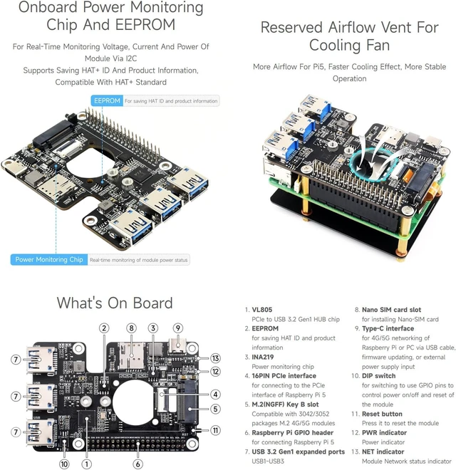 Alt view image 7 of 7 - Waveshare PCIe to M.2 4G/5G and USB 3.2 HAT, Compatible with Raspberry Pi 5 Cellular Modem and SIMCom/Quectel 4G/5G LTE Modules, Comes with 5G-4IN1-PCB Antenna, High-Speed Networking