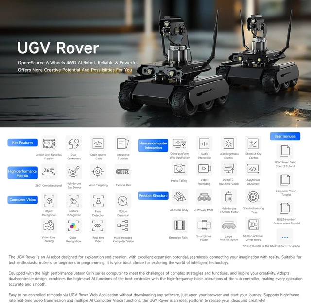 Alt view image 3 of 7 - waveshare UGV Rover 6 Wheels 4WD AI Robot, for Jetson Orin Series Board, with Multi-Functional Driver Board and 360° Flexible Omnidirectional Pan-Tilt, Jetson Orin Nano 4GB Kit Included