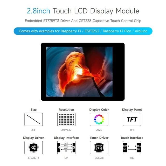 Alt view image 3 of 7 - Waveshare 2.8inch LCD Display Module, Compatible with Raspberry Pi / ESP32S3 / Raspberry Pi Pico, Embedded with ST7789T3 Display Driver and CST328 Capacitive Touch Controller, 240×320 Resolution