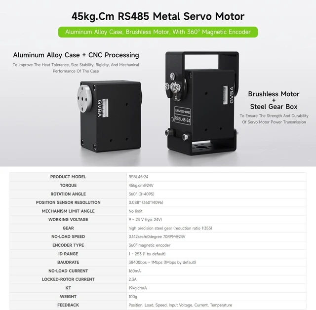 Alt view image 3 of 7 - Waveshare Servo Motor, 45kg.Cm RSBL45-24, High Precision and Large Torque, Aluminum Alloy Case, with Programmable 360° Magnetic Encoder, Multiple Operation Modes Switchable