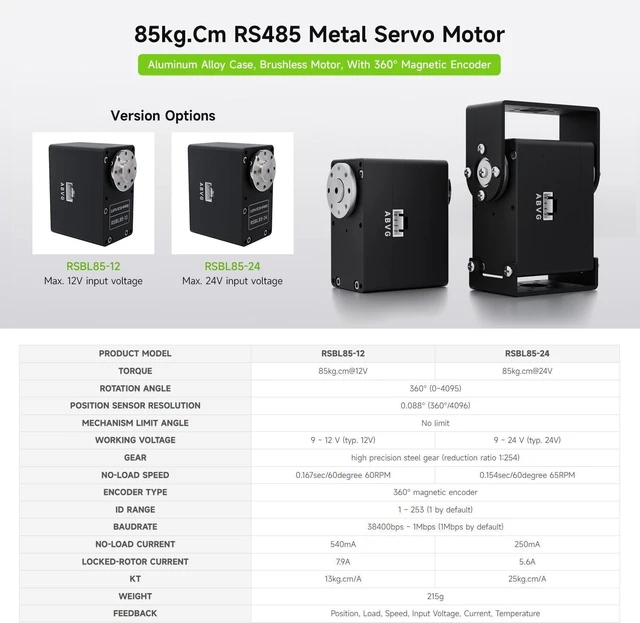 Alt view image 3 of 7 - Waveshare Servo Motor, 85kg.Cm RSBL85-12, High Precision and Large Torque, Aluminum Alloy Case, with Programmable 360° Magnetic Encoder, Multiple Operation Modes Switchable
