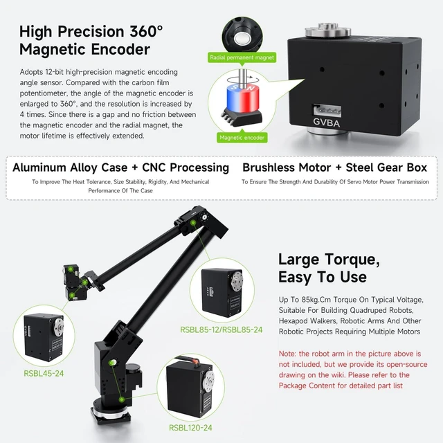 Alt view image 4 of 7 - Waveshare Servo Motor, 85kg.Cm RSBL85-12, High Precision and Large Torque, Aluminum Alloy Case, with Programmable 360° Magnetic Encoder, Multiple Operation Modes Switchable
