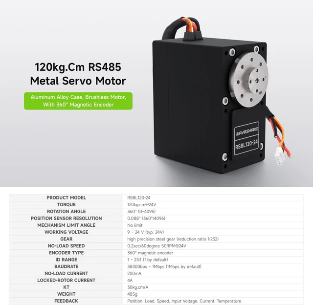 Alt view image 3 of 7 - Waveshare Servo Motor, 120kg.Cm RSBL120-24, High Precision and Large Torque, Aluminum Alloy Case, with Programmable 360° Magnetic Encoder, Multiple Operation Modes Switchable